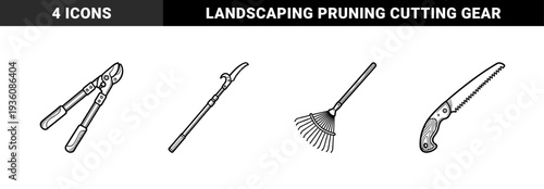 Garden maintenance and landscaping equipment featuring heavy duty pruning shears, pole saw, hand saw, and leaf rake in bold monoline style.