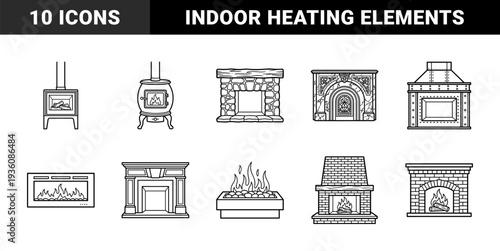 Traditional and modern fireplace designs for interior architecture. Monoline outline illustrations featuring wood stoves, brick hearths, and stone mantels.