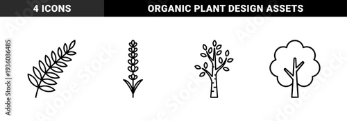Botanical nature silhouettes and organic foliage elements for environmental branding. Minimalist monoline graphics featuring diverse tree species and floral stems.