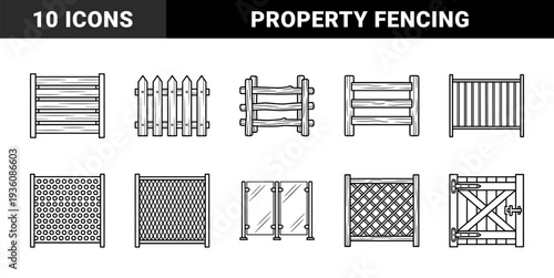 Residential and agricultural fencing types for landscape architecture and property planning. Hand-drawn monoline exterior boundary and wooden gate elements.