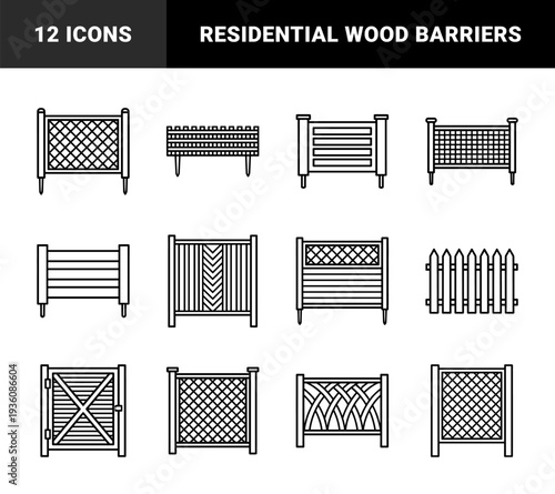 Residential garden fencing and boundary elements with wood lattice, picket, and trellis designs. Technical monoline architectural barriers for exterior landscaping and property security.