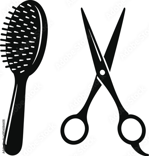Hair brush and scissors silhouette icon set, professional hairstyling tools illustration isolated on white background for salon beauty care