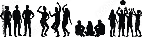Group of people silhouettes, men women dancing standing sitting playing ball, social gathering isolated vector illustration on white background