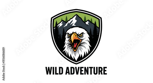 A fierce eagle with mountains and pine trees in the background, representing a wild adventure.