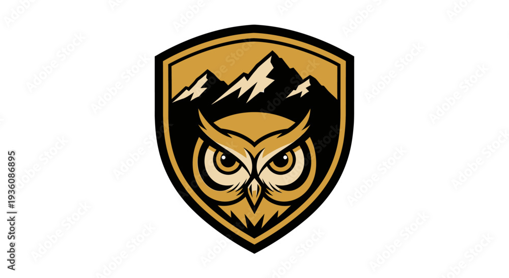Obraz premium A striking shield logo featuring a wise owl with piercing eyes set against a backdrop of rugged, snow-capped mountains.