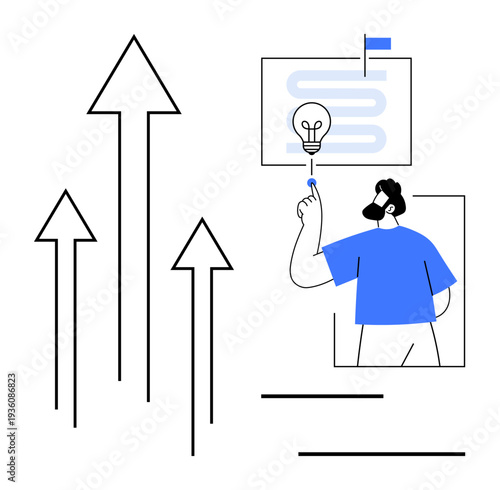 Business growth, innovation, strategy, problem solving, goal achievement, progress, leadership. A person pointing to a lightbulb above a pathway with upward arrows. Business growth and innovation