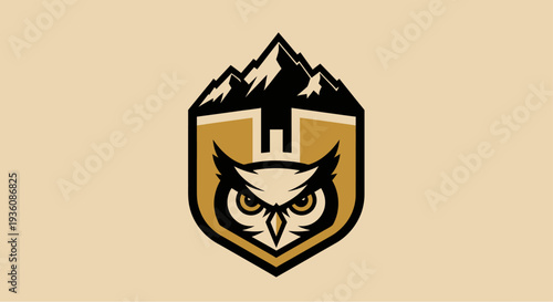 A striking emblem featuring a wise owl's face, set against a backdrop of rugged mountains and a shield-like structure.