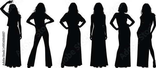Female silhouette collection, elegant woman in long dress standing poses isolated on white background fashion vector illustration
