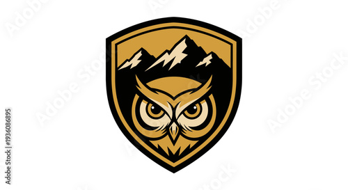 A striking shield logo featuring a wise owl with piercing eyes set against a backdrop of rugged, snow-capped mountains.