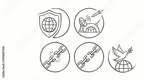 Collection of icons representing freedom and security with shield, globe, and chains