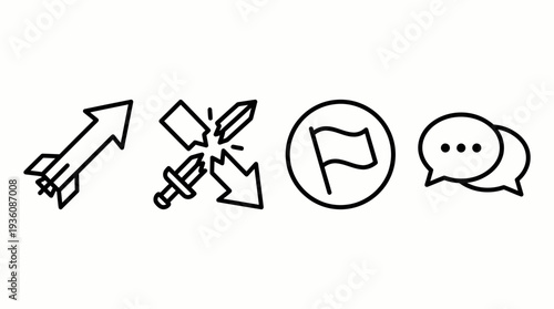 Simple line icons representing launch, conflict, goal, and communication in a series