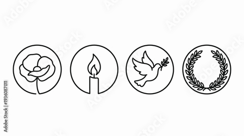 A minimalist line art illustration featuring symbolic icons representing peace, love, and harmony in a simple, circular frame