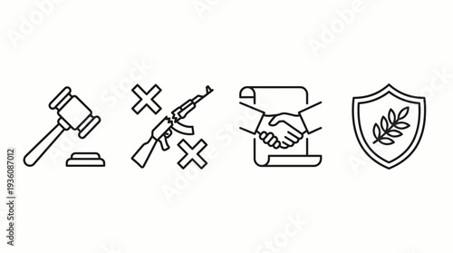 A symbolic representation of peace and protection featuring a handshake, shield, and abandoned weapons