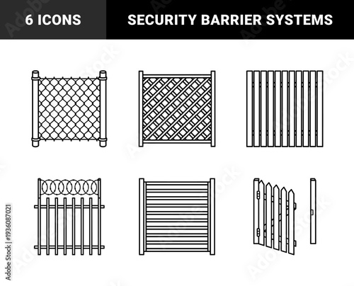 Security fencing and boundary protection infrastructure. Monoline technical drawings of chain link, wooden picket, horizontal slat, and barbed wire barriers.
