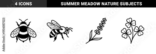 Pollinator insects and botanical elements featuring honeybee bumblebee lavender and clover. Rustic hand-drawn linework for garden and nature branding.