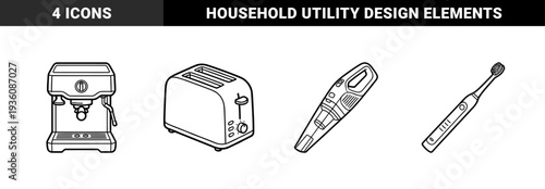 Household electrical appliances and domestic utility tools in bold monoline style featuring toaster coffee maker toothbrush and vacuum cleaner.