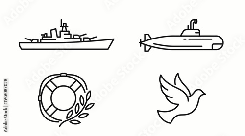 Line art illustration of warships and symbols of peace, including a dove and a life preserver, on a simple background from a straightforward viewpoint