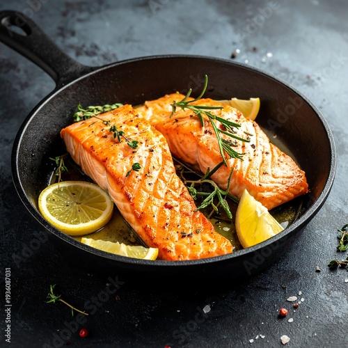 A cast-iron skillet contains cooked salmon fillets with herbs and lemon