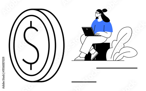 Finance concept. Currency symbol complements remote work imagery, emphasizing finance and digital work trends. Finance for online transactions, business growth, and personal budgeting. Topics