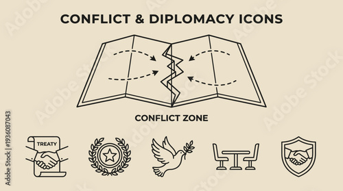 A map illustrating conflict zone with diplomacy icons representing peace negotiation and resolution efforts globally