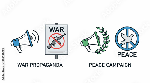 Illustration comparing war propaganda and peace campaign through symbolic megaphones and signage in a contrasting visual representation
