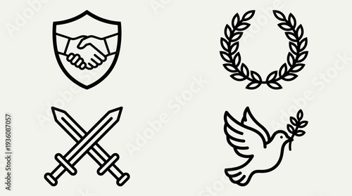 Simple line illustrations of peace and protection symbols, including a handshake, swords, laurel wreath, and dove, depicted in a minimalist style.