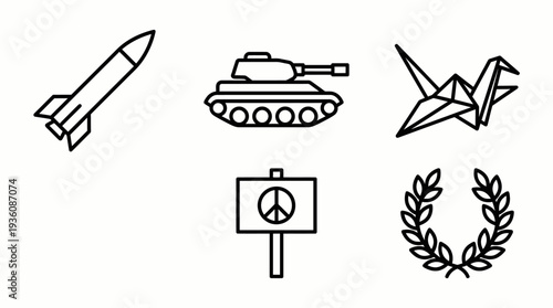 Peaceful symbols surrounding war elements in a serene illustration from a straightforward viewpoint