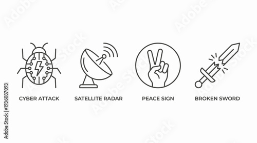 Line art icons representing global issues and symbols of peace and conflict displayed together in a modern digital illustration from a straightforward viewpoint