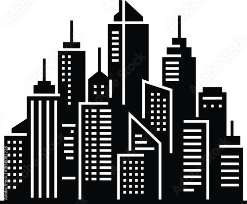Minimal vector silhouette, city skyline with residential buildings, solid black, isolated on white.
