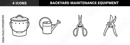 Gardening maintenance and horticulture equipment featuring a watering can, compost bin, and pruning shears in a bold monolinear outline style.