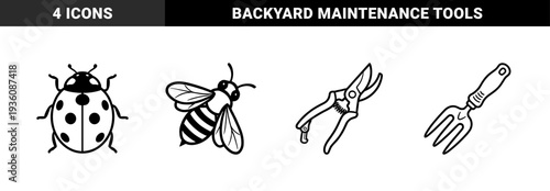 Gardening and backyard maintenance essentials featuring organic pest control and pruning equipment. Bold monoline outline graphics for landscaping and horticulture branding.