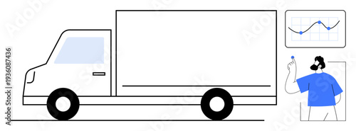 Logistics, transportation, data analysis, supply chain management, delivery services, shipping. A delivery truck alongside a graph and a person analyzing data. Logistics and data analysis