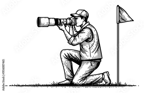 Professional sports photographer with long telephoto lens taking photos on soccer stadium field