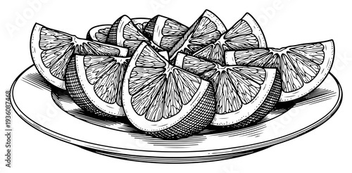 Plate of fresh orange slices for soccer players halftime snack in vintage woodcut style