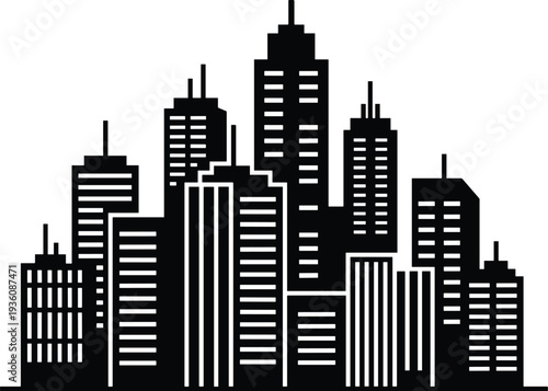 Minimal vector silhouette, city skyline with residential buildings, solid black, isolated on white.