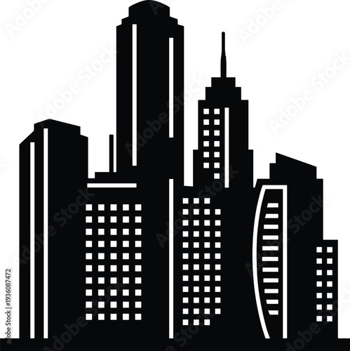 Minimal vector silhouette, city skyline with residential buildings, solid black, isolated on white.