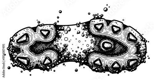 Bottom view of soccer cleat sole with mud splashes in detailed engraving style