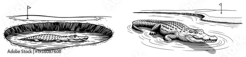 Alligators on a golf course near water and sand traps in woodcut engraving style