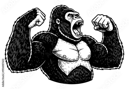 Powerful muscular gorilla flexing its arms and roaring in vintage woodcut engraving style
