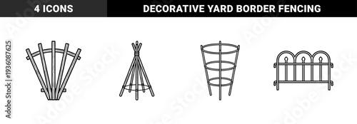 Garden climbing support structures and decorative border fencing. Minimalist monoline line art featuring wooden trellises, bamboo teepees, and plant cages for landscaping.