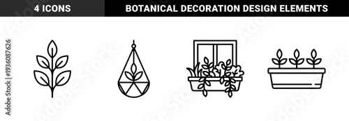 Indoor gardening and botanical cultivation elements in technical monoline style featuring hanging terrariums, leaf sprigs, and window box planters.