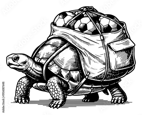 Large tortoise carrying a backpack full of soccer balls in detailed woodcut engraving style
