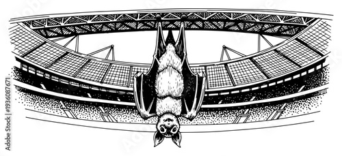 Hanging bat silhouette in front of a large sports stadium arena in vintage woodcut style
