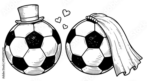 Two soccer balls dressed as bride and groom with wedding veil and top hat illustration