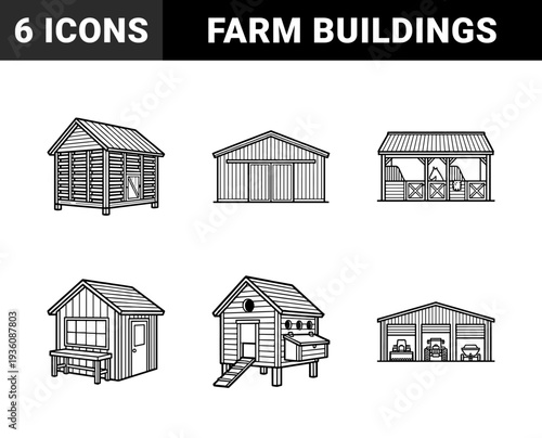 Agricultural outbuildings and farm infrastructure elements featuring livestock stables, machinery sheds, and grain storage in a clean monoline technical drawing style.