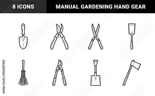 Garden maintenance and landscaping manual labor tools. Bold monoline graphic elements featuring pruning shears, shovels, and agricultural equipment.