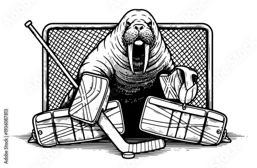 Walrus character wearing goalie gear and holding a stick in front of a hockey net