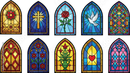 Collection of stained glass windows with religious symbols, flowers, and geometric patterns, church interior decoration set, flat vector illustration