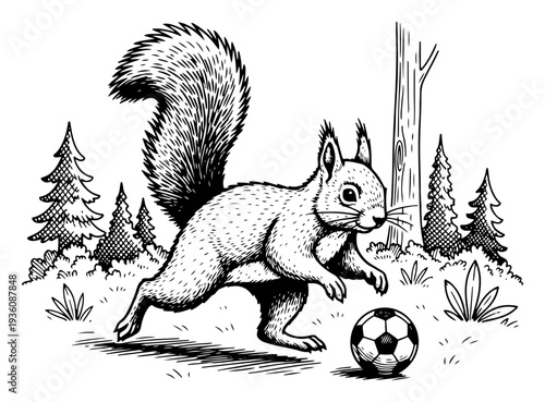 Funny squirrel playing with a soccer ball in the forest in vintage woodcut style