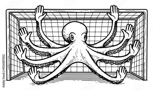 Octopus goalkeeper with many human hands guarding a soccer goal in vintage engraving style